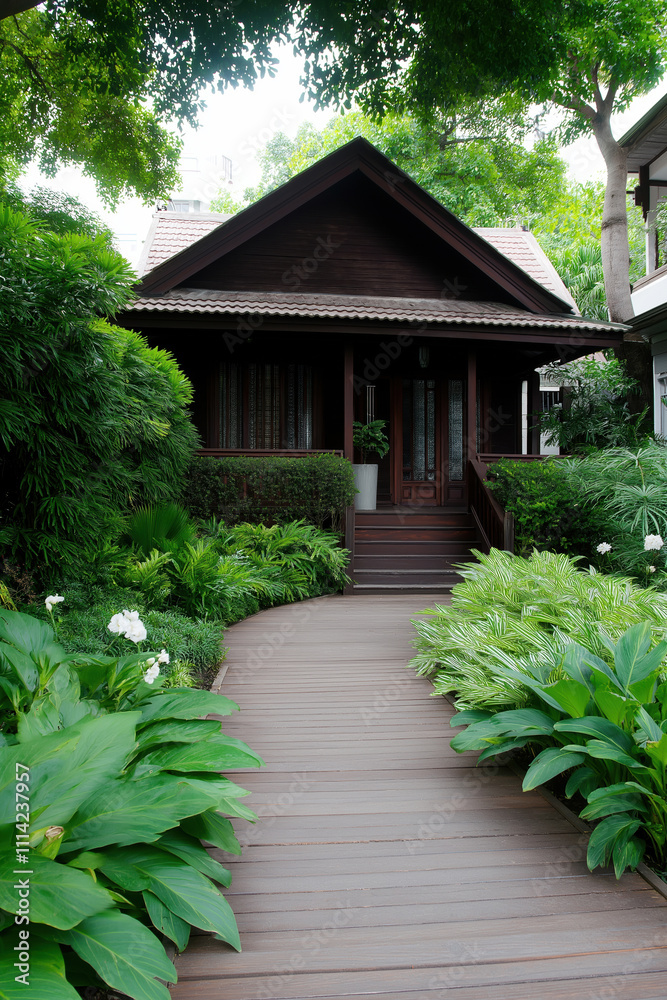 Beautiful wooden house surrounded by lush greenery and a charming pathway Beautiful wooden house surrounded by lush greenery and a charming pathway