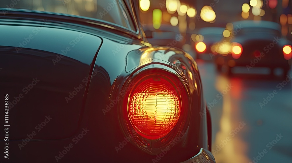 Close-up of a classic car's taillight in slow-moving vintage vehicle traffic Close-up of a classic car's taillight in slow-moving vintage vehicle traffic