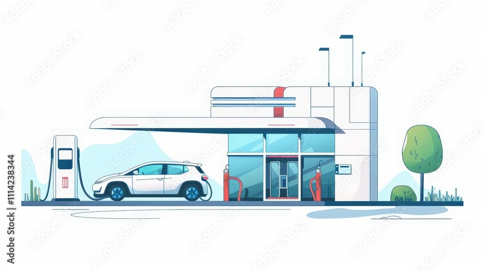 Fototapeta premium Cartoon of a clean energy-powered electric vehicle station
