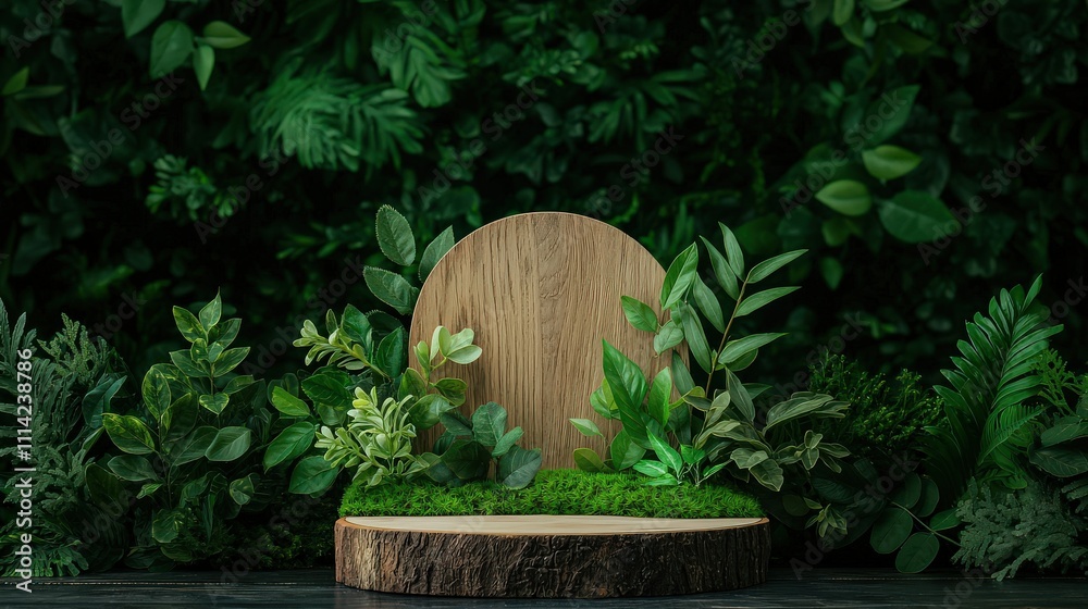 Naklejka premium Natural wood podium with live moss details surrounded by lush greenery indoor setup aesthetic design vibrant atmosphere