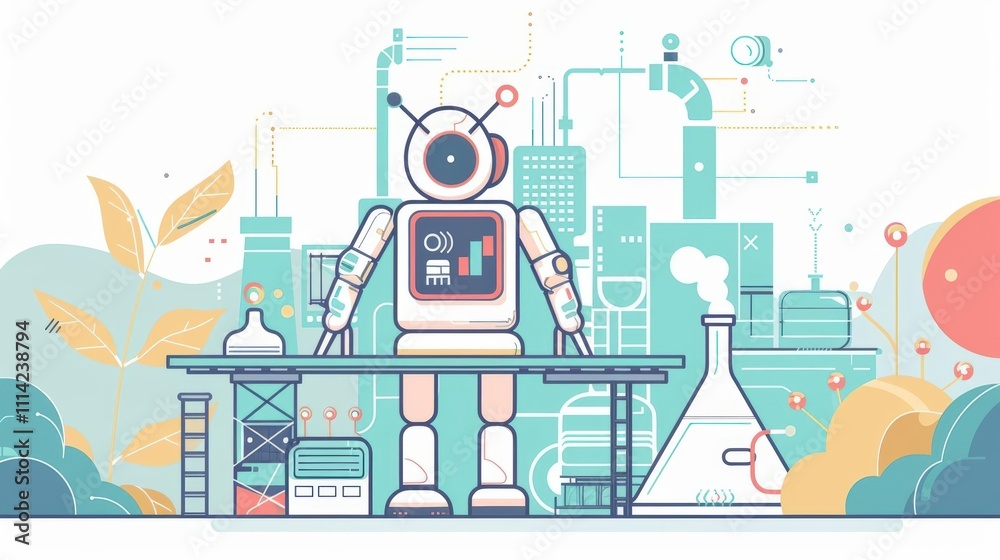 Naklejka premium Cartoon of a robot managing a smart eco-friendly urban park