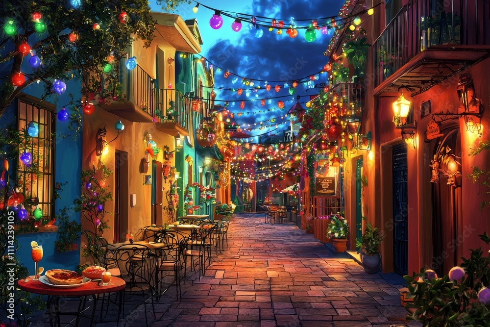 Fototapeta premium A vibrant, lively street scene with colorful lights illuminating outdoor dining in a charming alleyway.