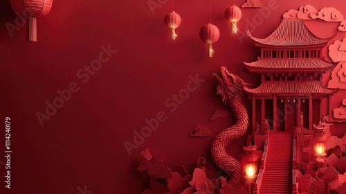 Red Dragon Ascending Paper Art Chinese Temple Festive Lunar New Year Celebration photo