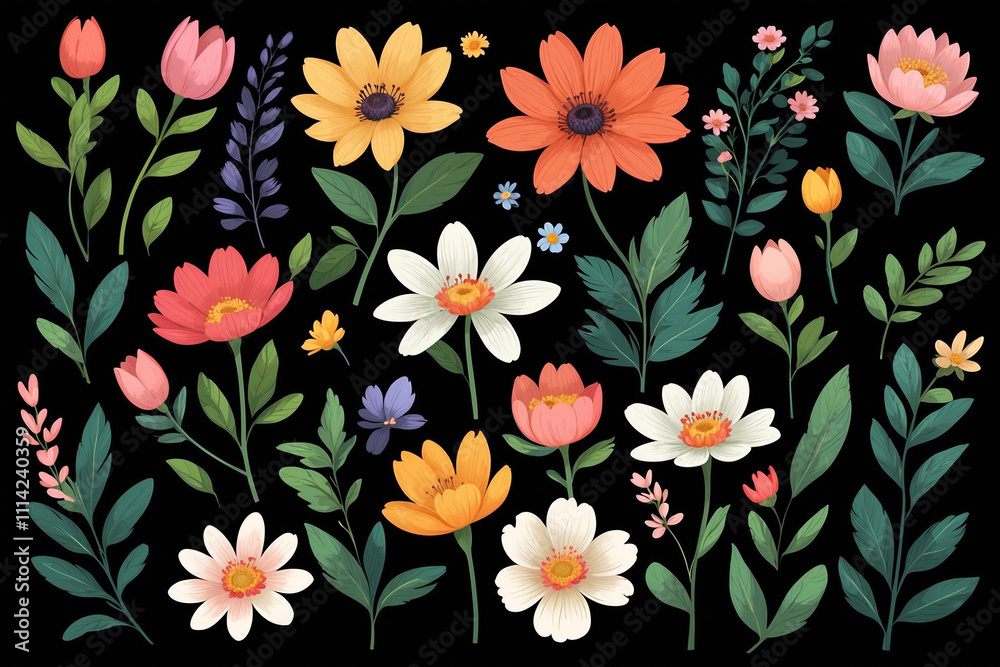 Collection of various stylized floral elements on a black background. Perfect for creating patterns, greeting cards, and spring-themed designs