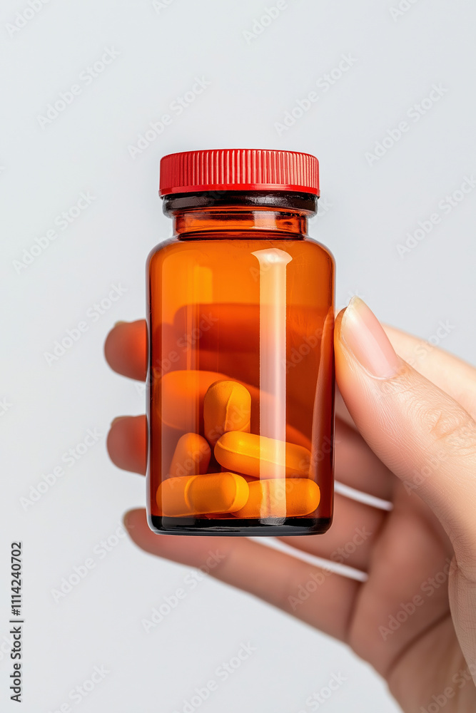 Hand holding an amber bottle of orange pills against a light background Hand holding an amber bottle of orange pills against a light background