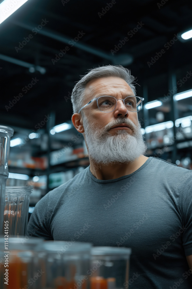 Mature man with white beard exploring shelves in a modern store late at night Mature man with white beard exploring shelves in a modern store late at night