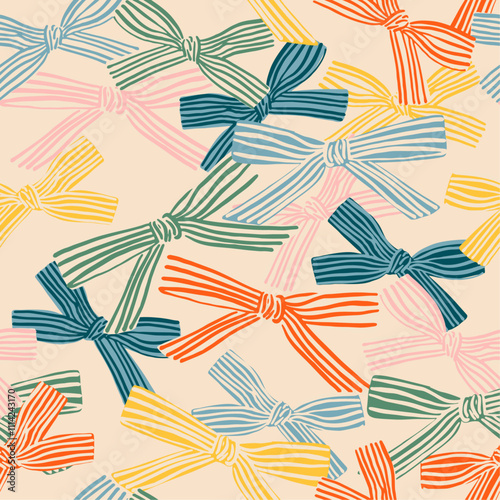 Сolorful seamless pattern with striped bows. Vintage illustration ink in doodle style