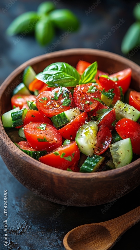Fresh vegetable salad with tomatoes, cucumbers, and herbs in a rustic bowl Fresh vegetable salad with tomatoes, cucumbers, and herbs in a rustic bowl