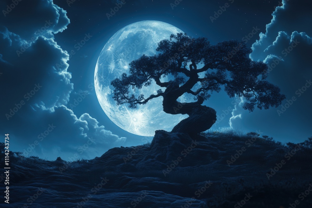 Moonlit night scene with ancient tree serene landscape digital art fantasy environment low angle viewpoint Moonlit night scene with ancient tree serene landscape digital art fantasy environment low angle viewpoint