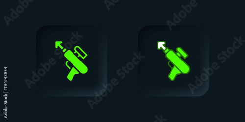 Green Fishing harpoon icon isolated on black background. Fishery manufacturers for catching fish under water. Diving underwater equipment. Black square button. Vector