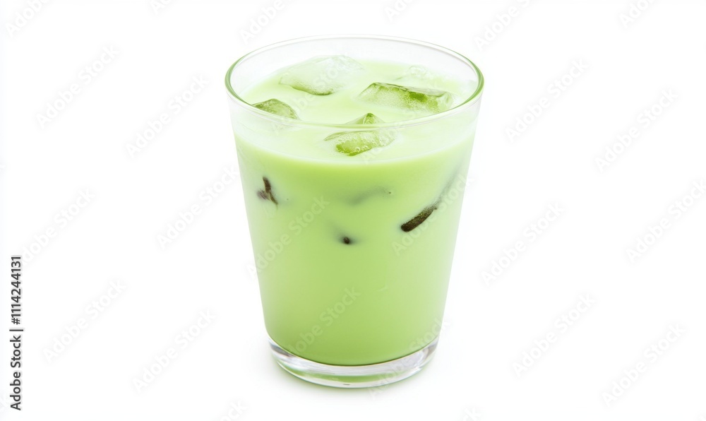 Refreshing iced matcha latte poured into a transparent glass, showcasing vibrant green hues, swirled with milk and ice cubes, set against a clean white background with space for text or design.
