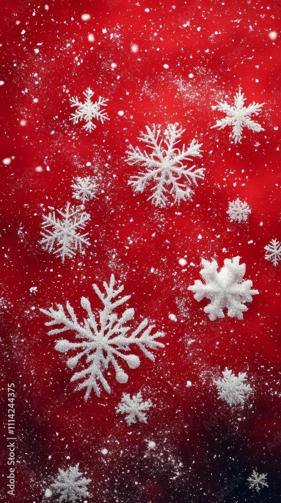 Snowflakes fall gracefully against a red background creating a festive atmosphere Snowflakes fall gracefully against a red background creating a festive atmosphere