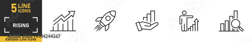 Rising line icon set. Set of 5 outline icons related to rising, business growth, achievement, improvement, goal and more. Vector illustration.