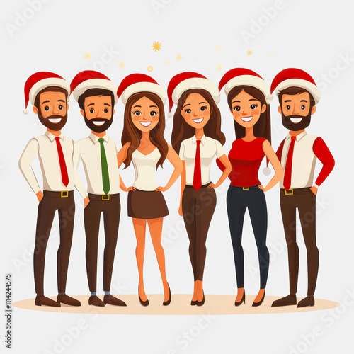 Holiday corporate celebration with six cheerful colleagues in festive hats, showcasing diversity in attire and attitude, together for a joyful occasion photo