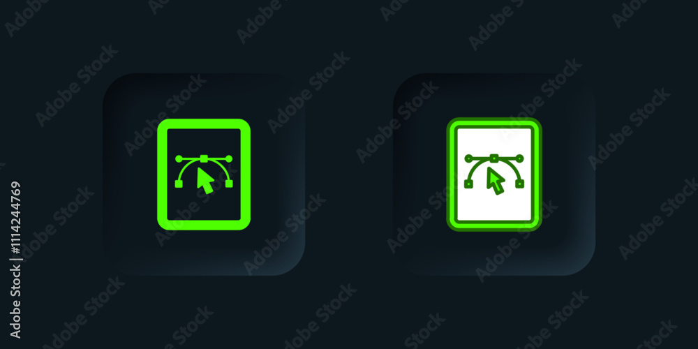 Green Computer display with vector design program icon isolated on isolated on black background. Photo editor software with user interface. Black square button. Vector Green Computer display with vector design program icon isolated on isolated on black background. Photo editor software with user interface. Black square button. Vector