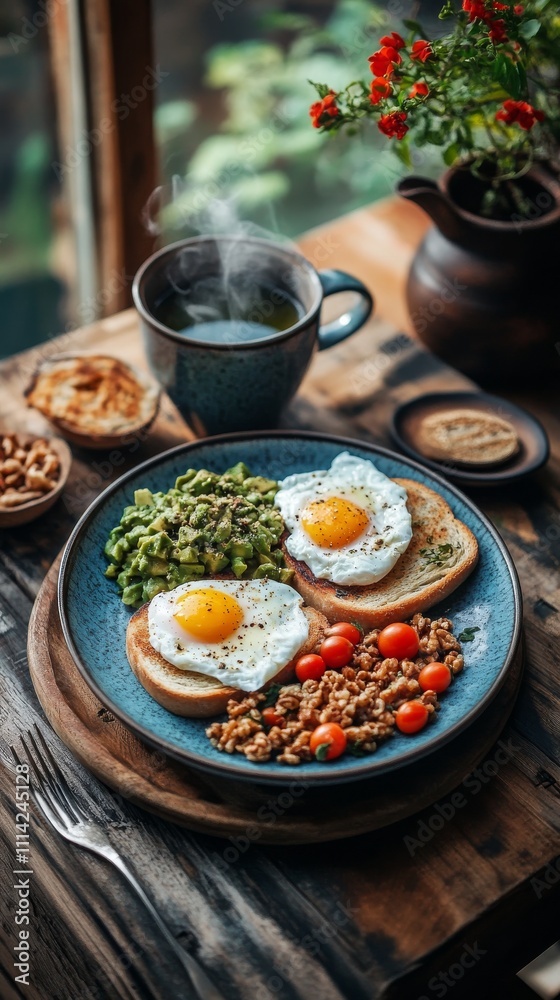 Delicious breakfast with eggs, greens, and tomatoes on rustic table Delicious breakfast with eggs, greens, and tomatoes on rustic table