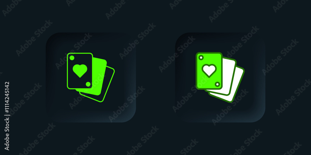 Green Playing cards icon isolated on black background. Casino gambling. Black square button. Vector Green Playing cards icon isolated on black background. Casino gambling. Black square button. Vector