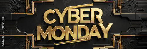 Gold ‘Cyber Monday’ lettering, digital futuristic banner, black background resembling a digital board with gold accents, perfect for digital advertising