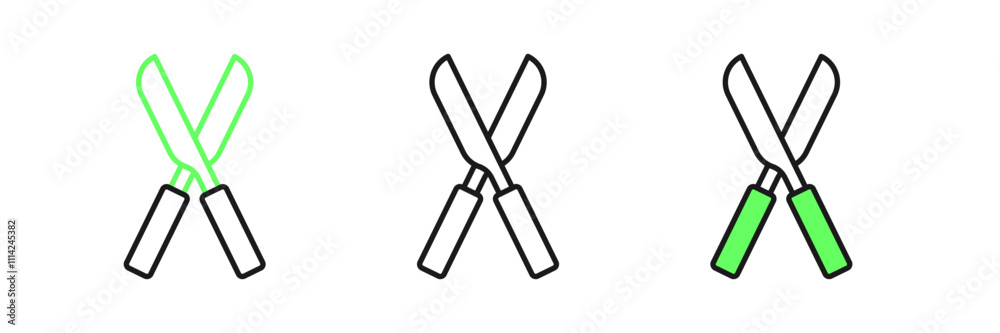 Set line Gardening handmade scissors for trimming icon isolated on white background. Pruning shears with wooden handles. Vector Set line Gardening handmade scissors for trimming icon isolated on white background. Pruning shears with wooden handles. Vector
