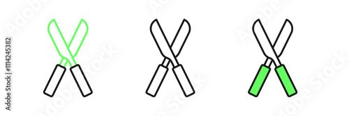 Set line Gardening handmade scissors for trimming icon isolated on white background. Pruning shears with wooden handles. Vector