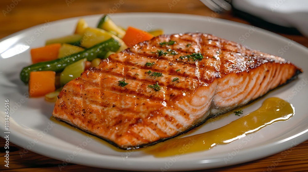 A heart-healthy meal with grilled salmon, steamed vegetables, and a light drizzle of heart-healthy oil, served on a wooden table A heart-healthy meal with grilled salmon, steamed vegetables, and a light drizzle of heart-healthy oil, served on a wooden table