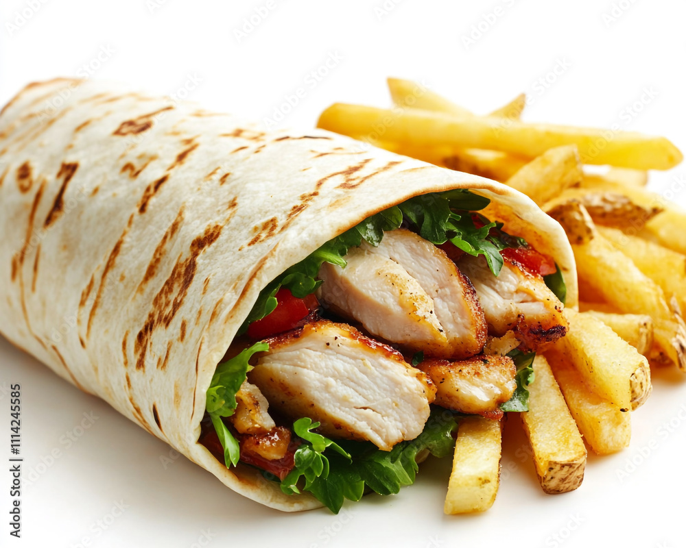 Delicious chicken wrap with fries and sauce on a wooden plate. Delicious chicken wrap with fries and sauce on a wooden plate.