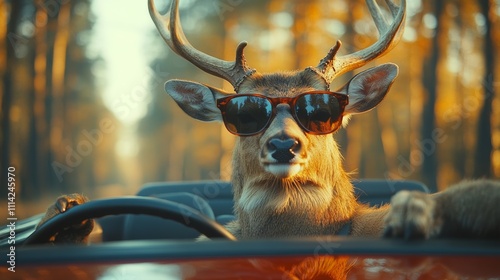 Deer wearing sunglasses is driving a car. The scene is playful and lighthearted, with the deer taking on a human-like role photo