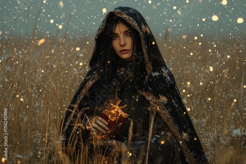 Enchanting sorceress in a snowy field fantasy portrait winter wonderland enigmatic atmosphere artistic vision for seo impact