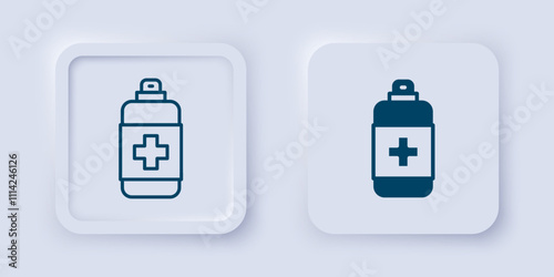 Filled and outline Bottle of liquid antibacterial soap with dispenser icon isolated on grey background. Antiseptic. Disinfection, hygiene, skin care. Square button. Vector
