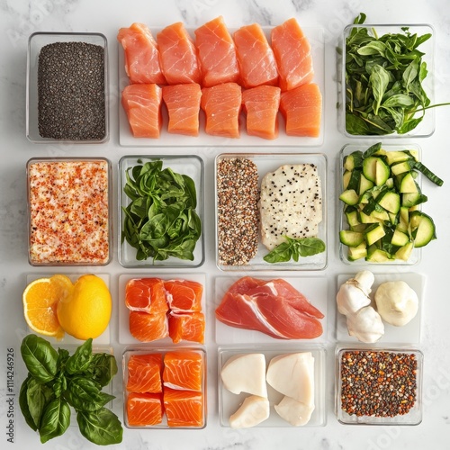 An array of fresh ingredients including salmon, tuna, vegetables, and herbs arranged on a kitchen counter. photo