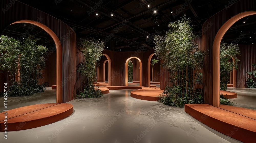 Fototapeta premium Serene architectural space featuring mirrored podiums and lush greenery indoor environment contemporary design concept