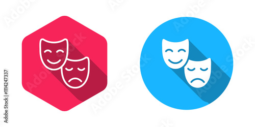 Filled and outline Comedy and tragedy theatrical masks icon isolated with long shadow background. Vector