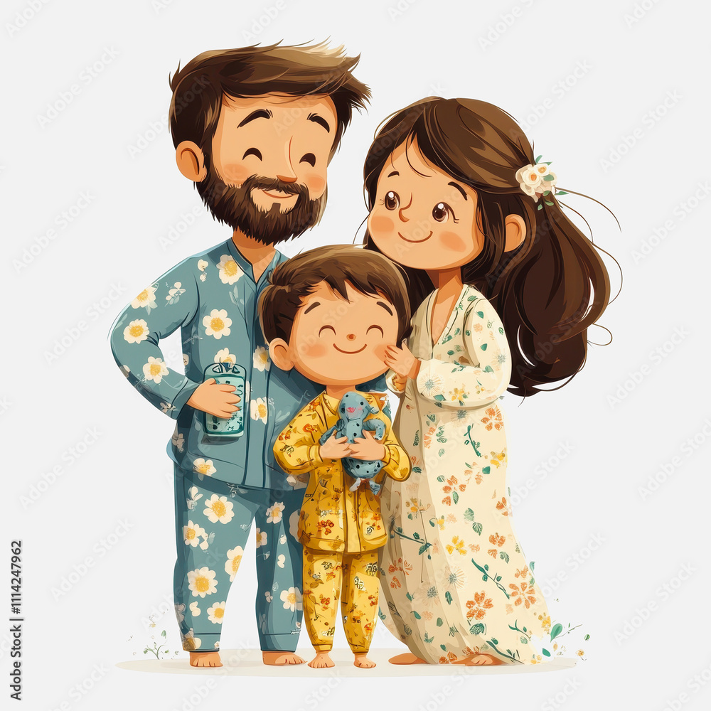 Happy family in matching pajamas enjoying a cozy moment at home with a cute child holding a toy, showcasing warmth and family bonding in a colorful illustration Happy family in matching pajamas enjoying a cozy moment at home with a cute child holding a toy, showcasing warmth and family bonding in a colorful illustration