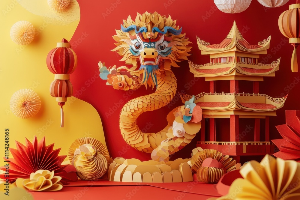 Obraz premium Chinese New Year Celebration: A Vivid Paper Art Dragon and Pagoda Scene