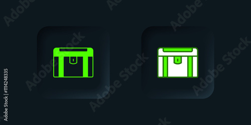 Green Antique treasure chest icon isolated on black background. Vintage wooden chest with golden coin. Black square button. Vector