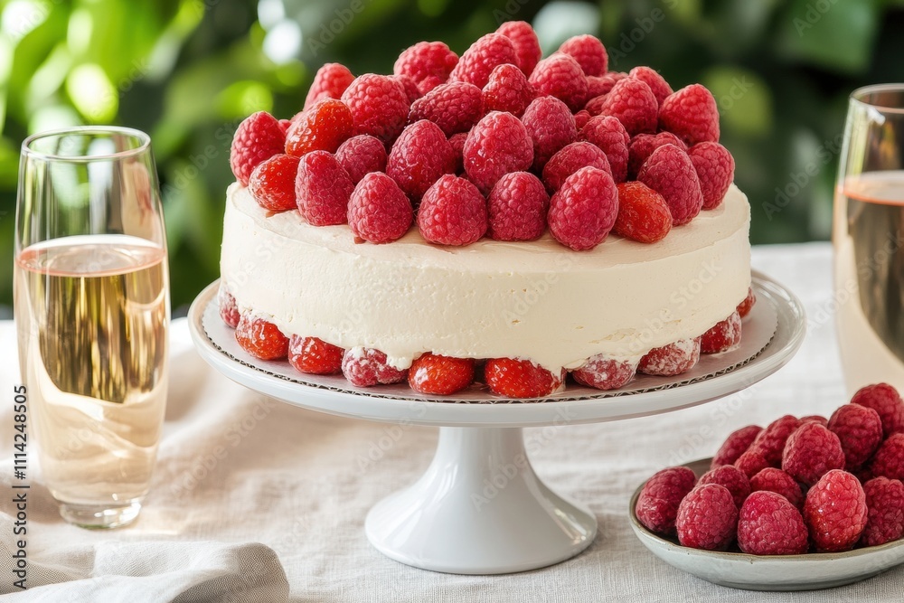 Delicious raspberry cream cake celebration elegant dining room food photography cozy environment close-up view culinary delight Delicious raspberry cream cake celebration elegant dining room food photography cozy environment close-up view culinary delight