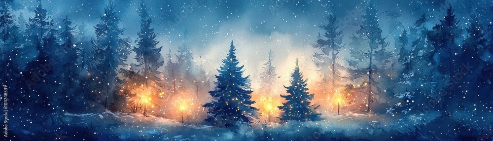 Naklejka premium A snowy forest scene illuminated by warm lights, creating a magical winter atmosphere.