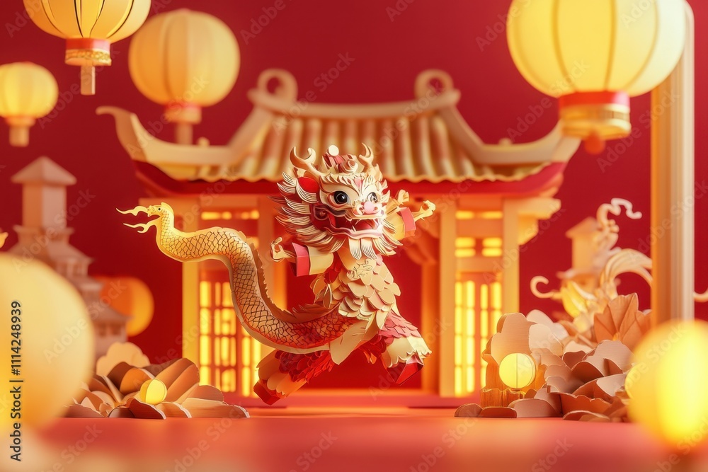 Obraz premium Chinese New Year Celebration: Golden Lion Dance Under Festive Lanterns and Pagoda