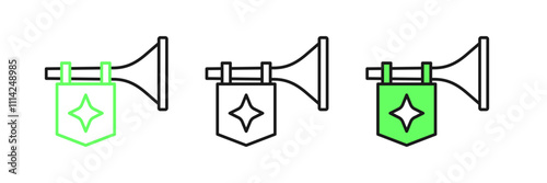 Set line Trumpet with flag icon isolated on white background. Musical instrument trumpet. Vector