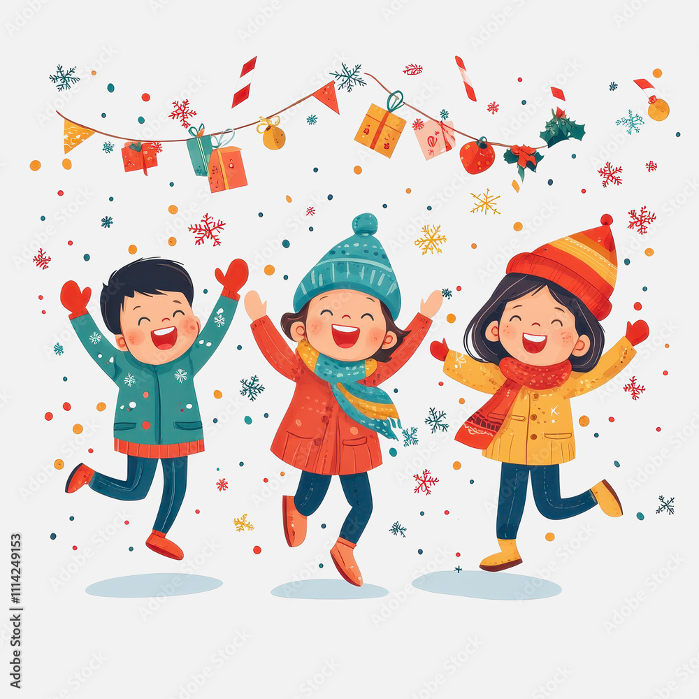 Fototapeta premium Joyful Children Celebrating Winter Season with Snowflakes, Colorful Decorations, and Cheerful Expressions in a Festive Atmosphere