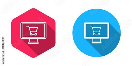 Filled and outline Shopping cart on monitor icon isolated with long shadow background. Concept e-commerce, e-business, online business marketing. Vector