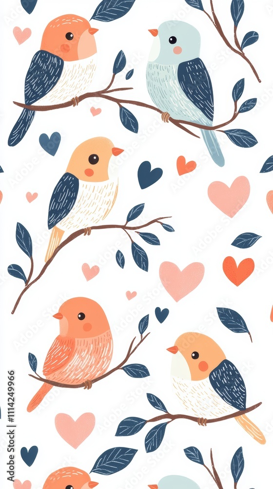 Fototapeta premium Heartfelt valentine's design playful lovebirds on branches with cartoon elements