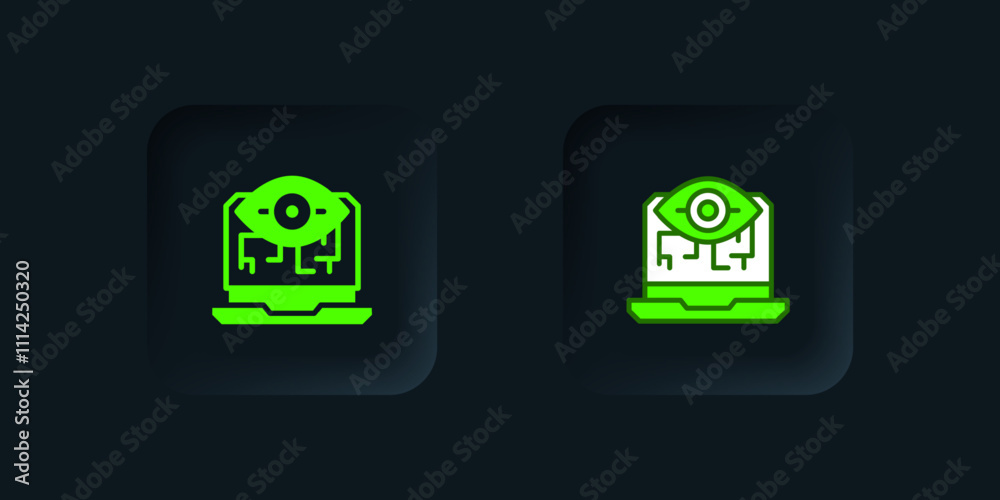Green Computer vision icon isolated on black background. Technical vision, eye circuit, video surveillance system, augmented reality systems. Black square button. Vector Green Computer vision icon isolated on black background. Technical vision, eye circuit, video surveillance system, augmented reality systems. Black square button. Vector