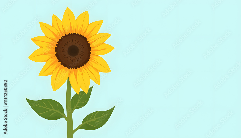 Obraz premium Single sunflower against a light blue background, bright and cheerful, minimalistic design