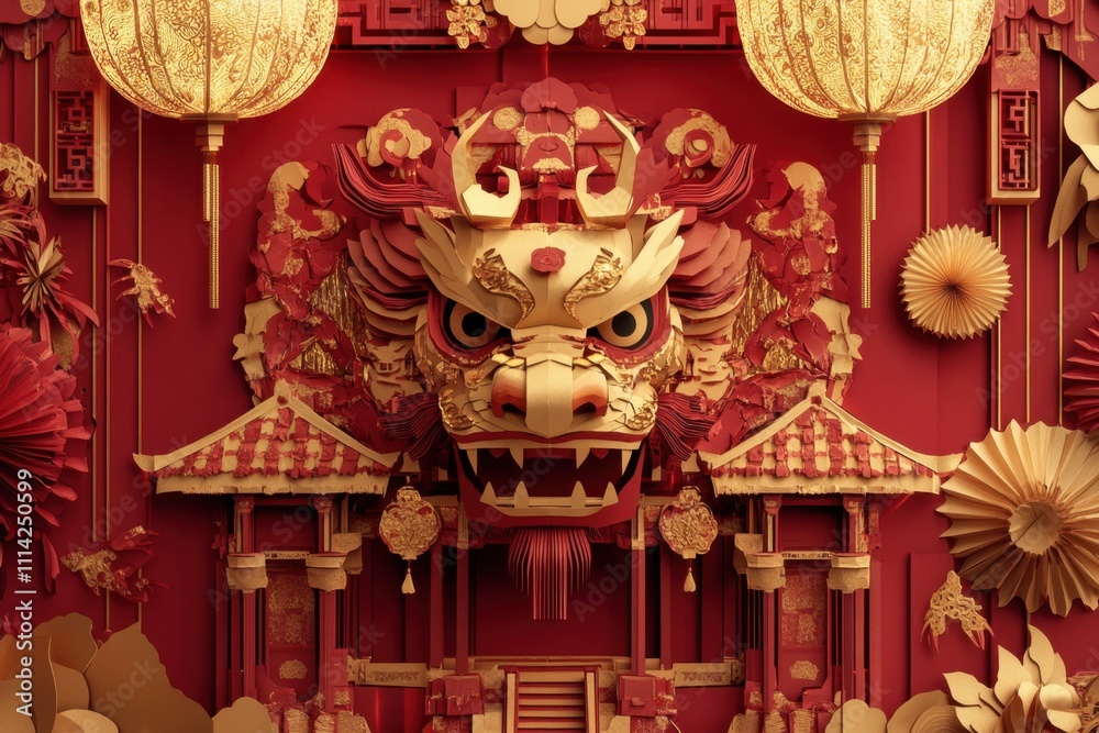 Obraz premium Vibrant Red and Gold Chinese New Year Celebration: A Stunning 3D Paper Art Lion Dance Scene