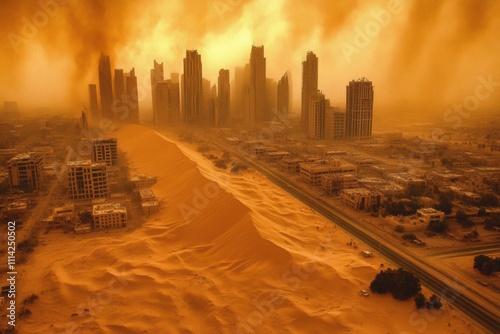 Dust storm engulfs urban skyline dubai aerial view ominous environment climate impact on cities
