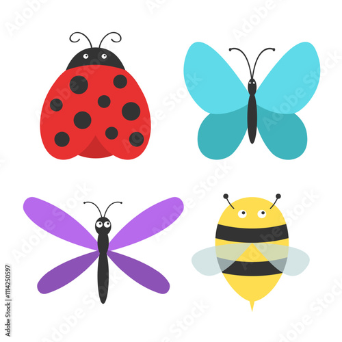 Dragonfly, Bee bumblebee, Ladybug, Butterfly, lady bug ladybird flying insect icon set. Cute cartoon kawaii funny baby character. Happy Valentines Day. Flat design. White background. Isolated. Vector