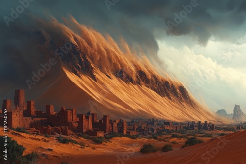 Destructive sandstorm approaching ancient city desert landscape digital artwork atmospheric perspective nature's fury