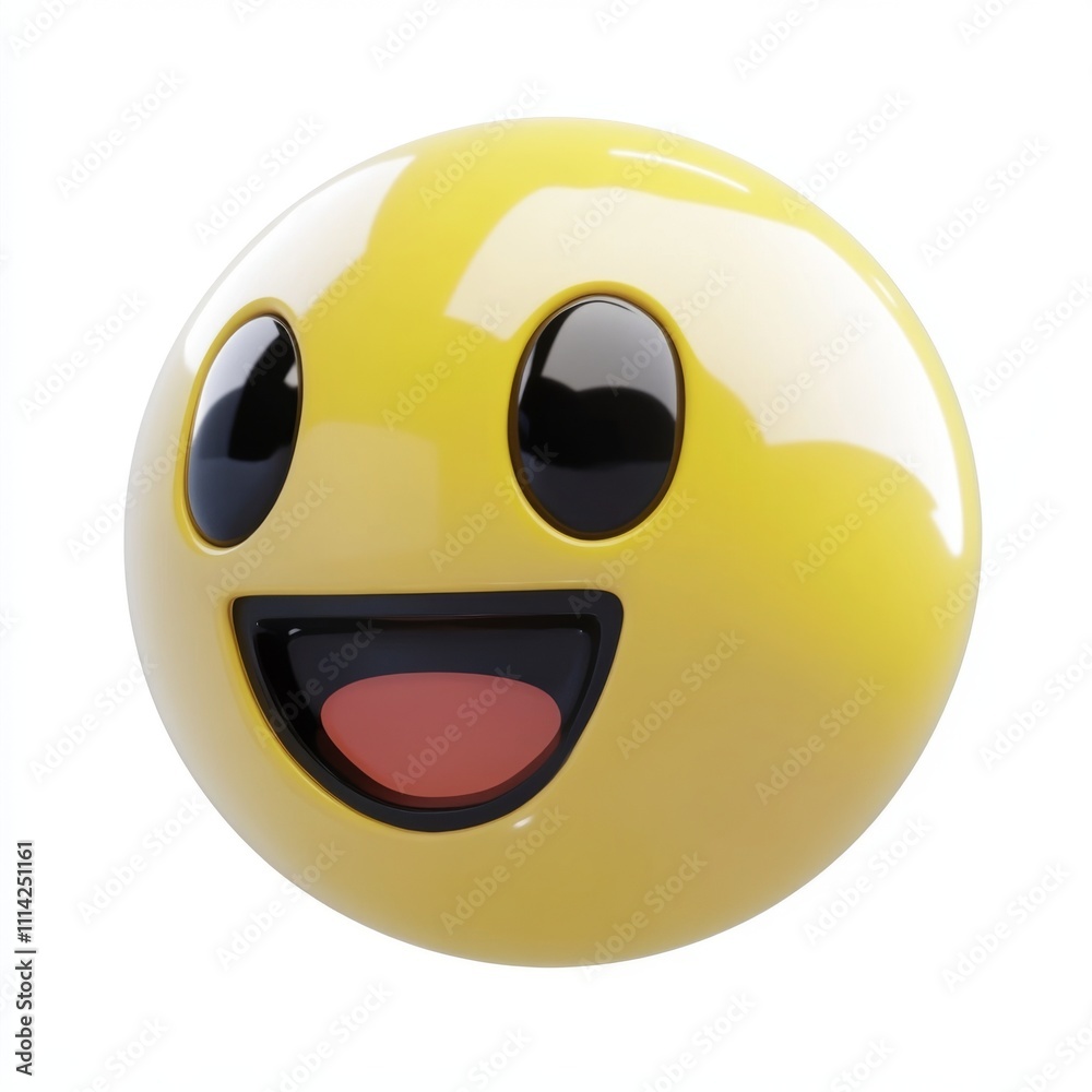 Yellow Happy Emoji on White Background, Shadow-Free Surface. Round Shape with Colored Eyes and Mouth in High-Resolution 3D Render. Yellow Happy Emoji on White Background, Shadow-Free Surface. Round Shape with Colored Eyes and Mouth in High-Resolution 3D Render.