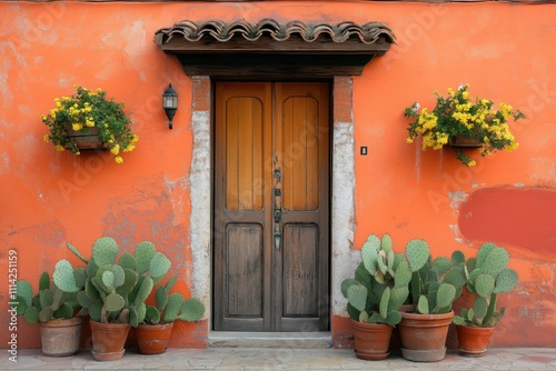 Vibrant terracotta wall with wooden door and potted cactus plants